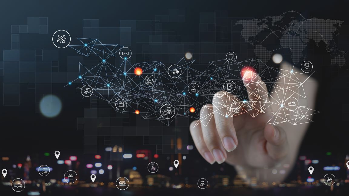 Digitale Darstellung internationaler Logistik- und Lieferkettennetzwerke mit verknüpften Symbolen und Datenpunkten.