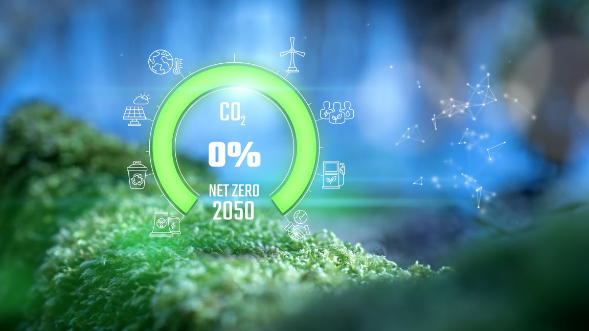 Grafik mit CO₂‑Anzeige auf 0 % und Ziel „Net Zero 2050“, umgeben von Symbolen für Nachhaltigkeit und erneuerbare Energien.
