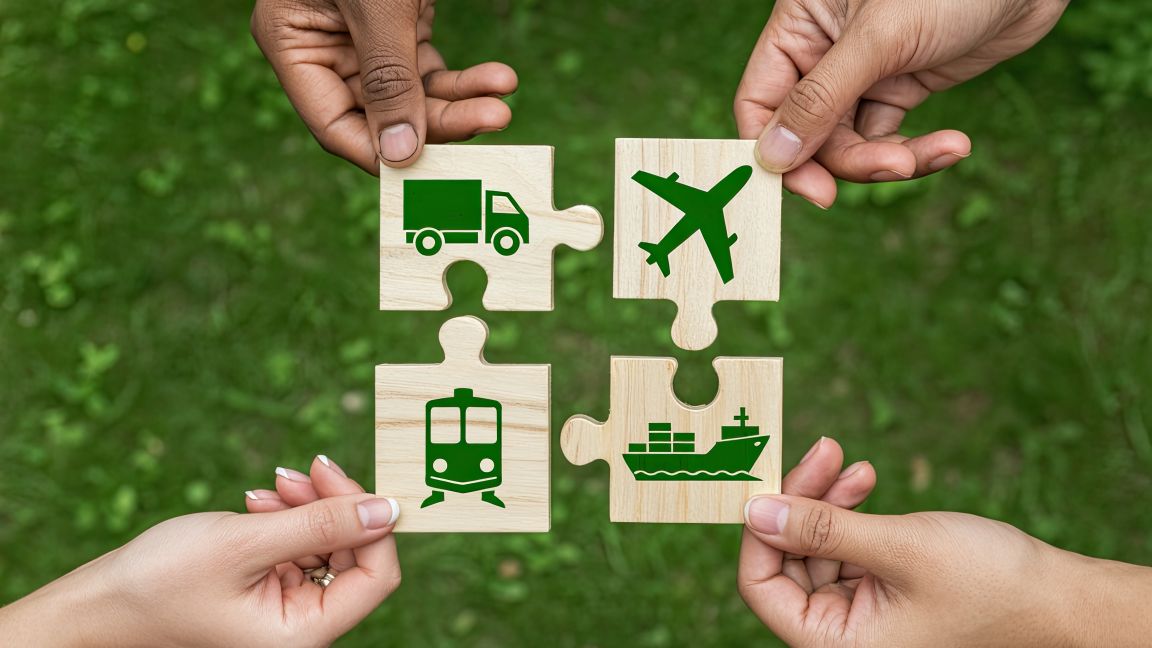 Vier Transportmittel (Lkw, Flugzeug, Bahn, Schiff) als Puzzle, gehalten von mehreren Händen.