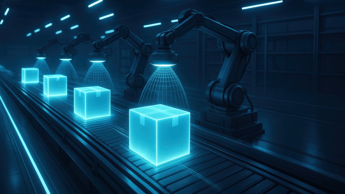 Robots in a dark warehouse scanning parcels on a conveyor belt