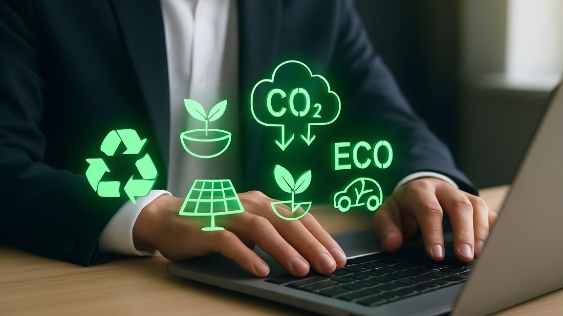 A person working on a laptop with green sustainability icons floating above the keyboard, including recycling, solar energy, plants, CO₂ reduction, and eco-friendly transport.