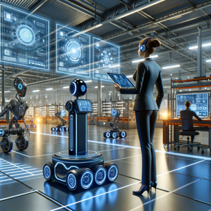 Futuristische Logistikhalle mit Robotern und einer Person, die ein Tablet nutzt.
