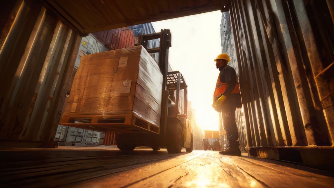 Forklift loading pallets into a container while a person supervises the operation.